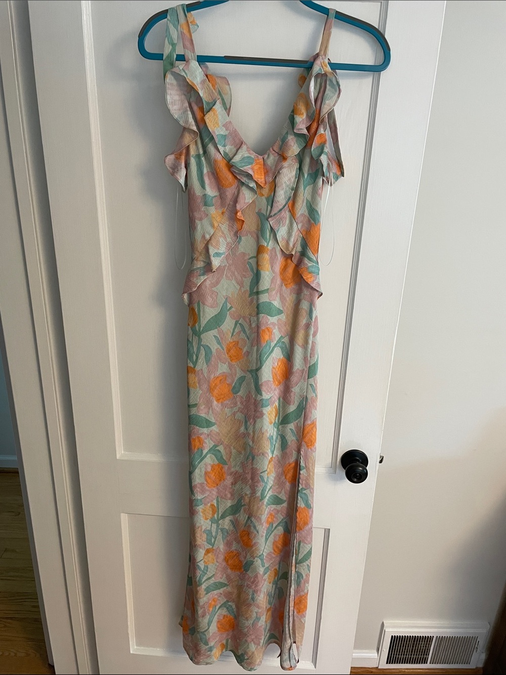 Astr Floral Ruffle Maxi Dress in Peach & Mint